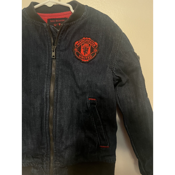 True Religion Manchester United Kids Denim Jean Bomber Jacket Girls Youth Sz 5 - Picture 6 of 6